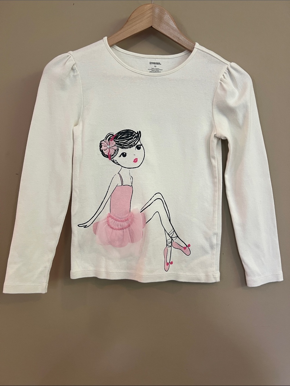 Gymboree Cream Long-Sleeve Top with Pink Ballerina Tulle and Rhinestones